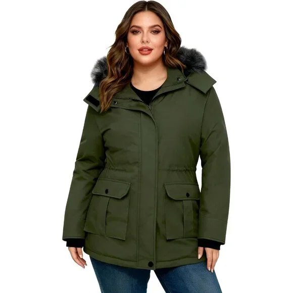 Women's Winter Warm Cozy Thicken Green Hood Puffer Jacket Coats Inner pocket
